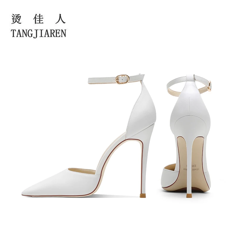 

Summer new sheepskin one line with white high heels, women's thin heels, red soles, hollow sexy strappy sandals