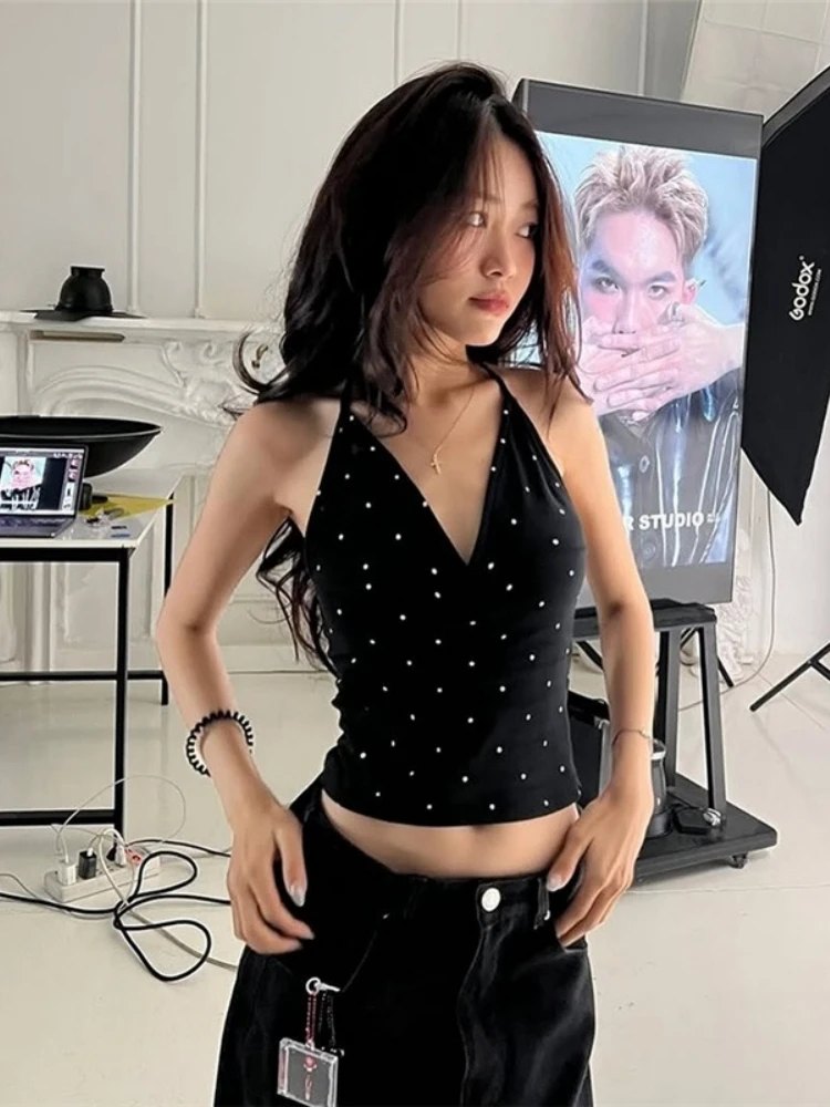 

V-neck Halter Top Dot Printing Crop Top Women Edgy Clothes Y2k Accessories Neck-mounted Cute Camison Verano Slim Fit Ropa Mujer
