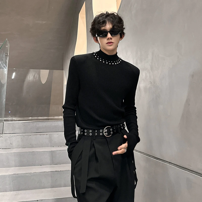 

oulder Pad Knitted Sweater Men's Korean Sle Slim Fit Pearl f High Collar Autumn Winter New Arrival Faion Bla Sweater