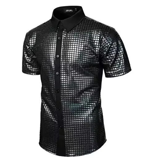 2023 men\'s formal shirt sequin button up shirt 70s disco party cosplay clothing