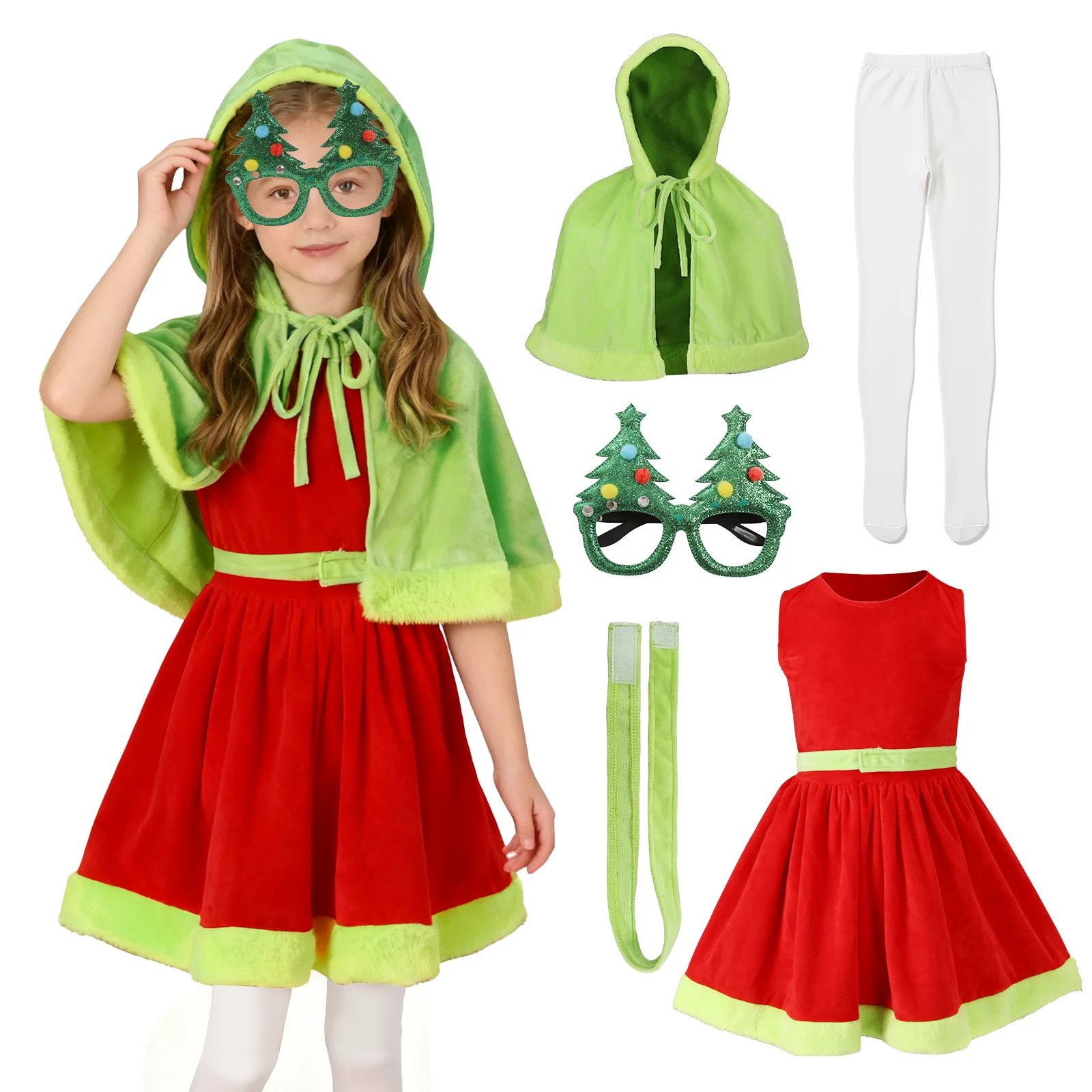 

Girls Christmas Dress Sleeveless With Red Cloak Set With Christmas Tree Glasses Family Christmas Party Cosplay Costumes