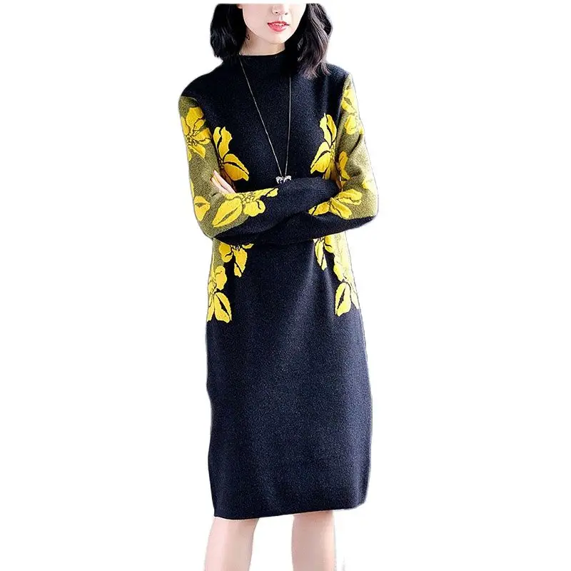 

Fashion Dver-the-knee Knitted Printed Outer Dress Women's Autumn And Winter 2022 New Mid-length Slim Bottoming Sweater DressLady