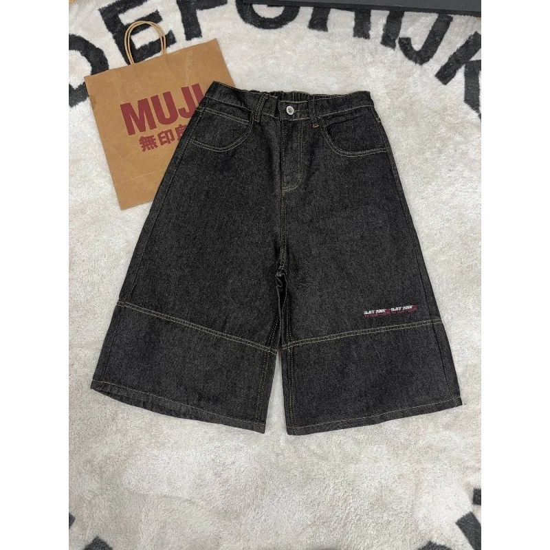 Men's Korean Y2K Denim Shorts 2026 Spring Summer American Retro Loose Wide Leg Solid Color Seven-Point Jeans