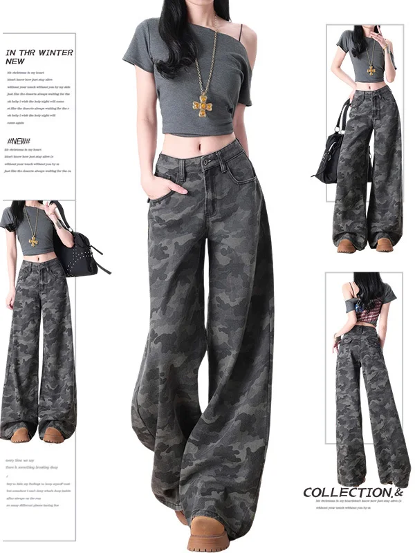 

Джинсы женские летние, больших размеров, в американском ретро-стиле, камуфляжные, широкие, прямые, свободные, повседневные, с высокой талией, из денима