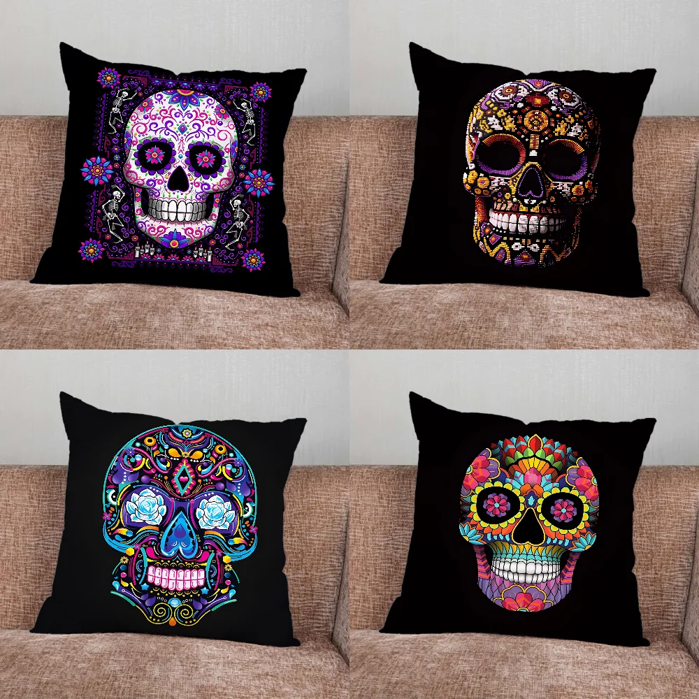 

Mexican Catrina Skull Pillow Case For Home Bedroom Car Office Decoration Living Room Sofa Cushion Cover Suitable