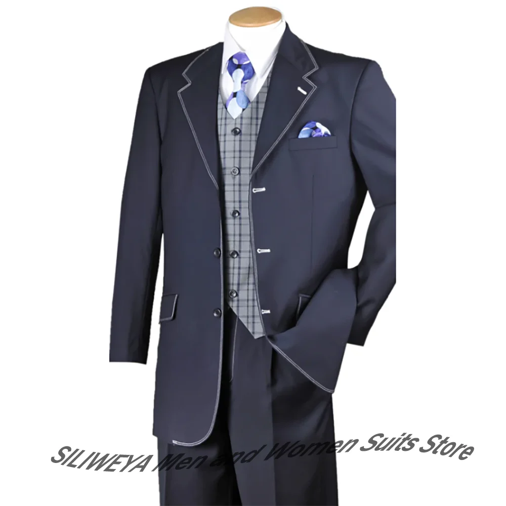 

Elegant Navy Blue Suits for Men Contrast Stitch 3-Piece Set Notch Lapel Blazer Plaid Vest Formal Business Evening Party Costume