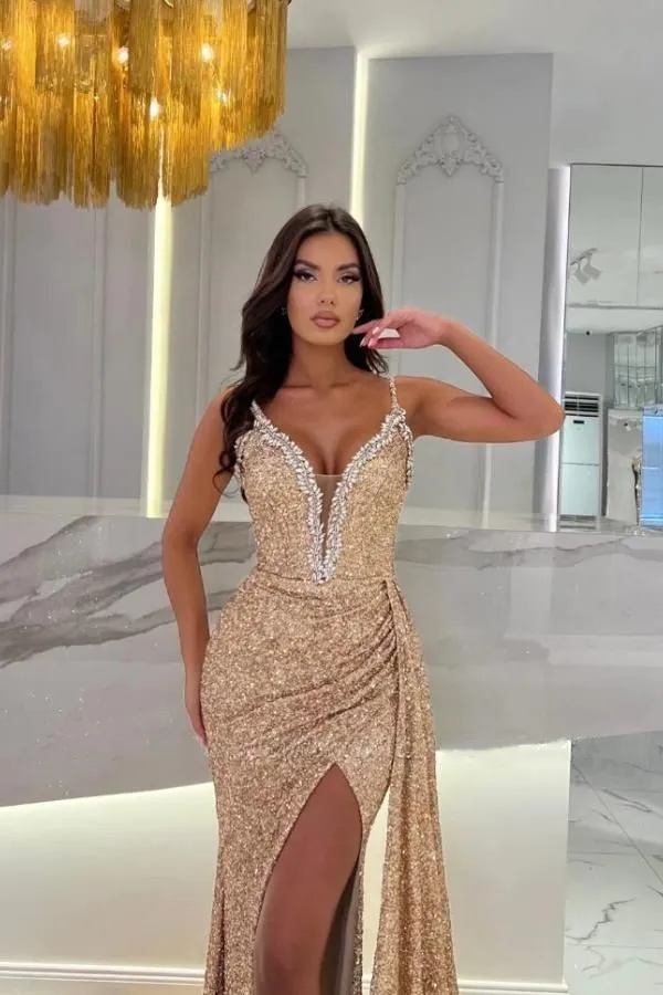 Sequined Prom Dresses Mermaid Sparkly Bling Spaghetti Strap V Neckline Sleeveless Sexy Front Slit Formal Party Evening Gowns