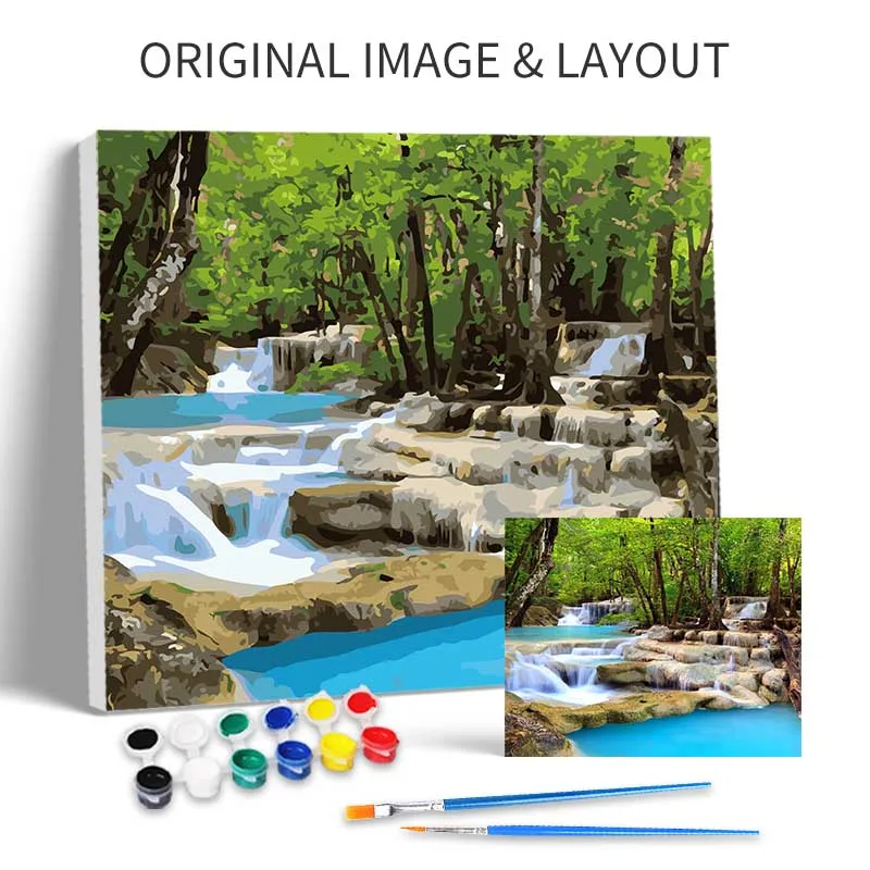 蘭の写真数字による滝の風景DIYフレーム絵画キャンバスに森の風景画DIY