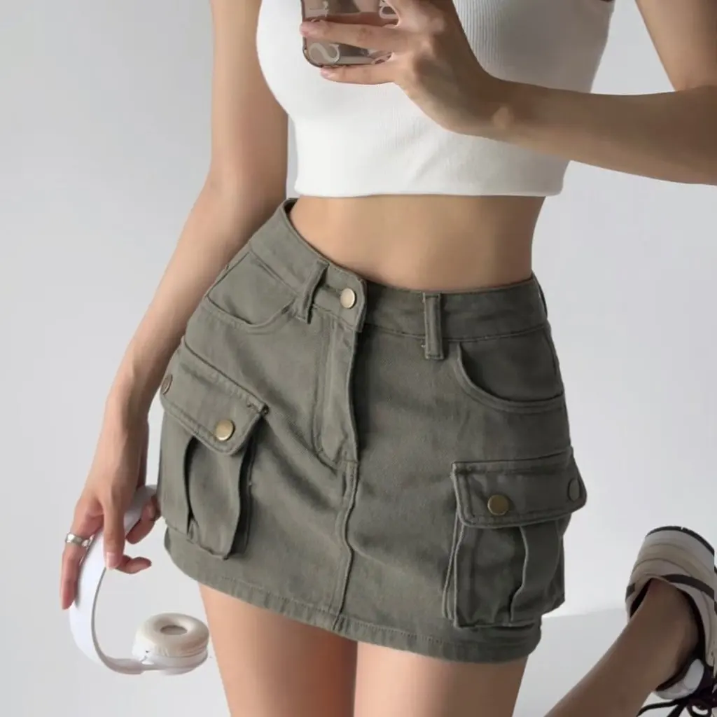

Women's Vintage High Waist A-Line Skirt Denim Pocket Tooling American Style Hot Girl Summer