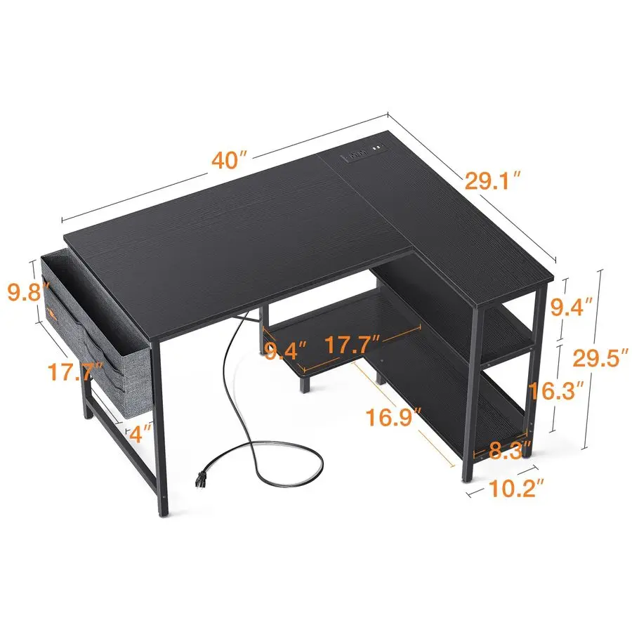 40 Inch Small L Shaped Gaming Computer Desk with Power Outlets, Reversible Storage Shelves amp PC Stand for Home Office, Simple