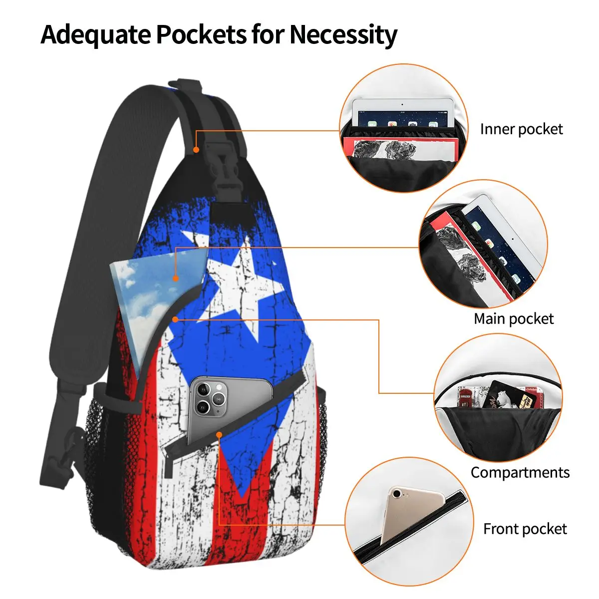 Vintage Puerto Rico Flagge Cross body Schulter taschen lässige Brusttasche Rica Stolz Schulter Rucksack Tages rucksack für Wandern Reises port