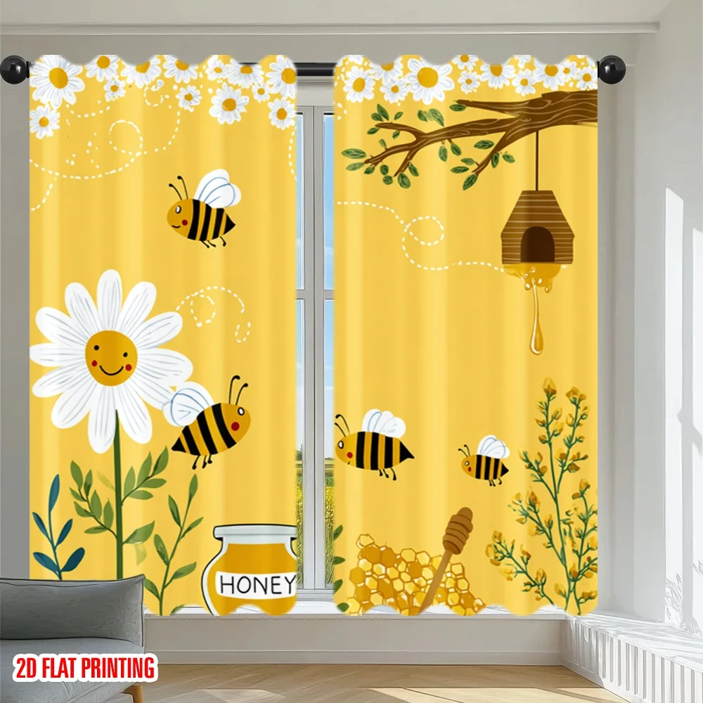 2pcs Bee Daisy Honey Curtains Blackout Drapes for Kitchen Cute Animal Decor Sweet Nature Print Window Treatment Panels