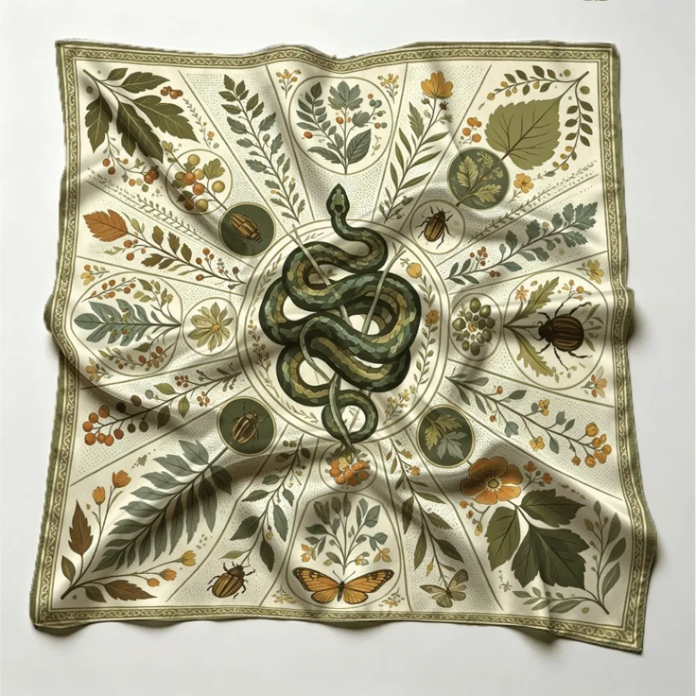 Detailed Snake Botanical Insect Art Women Retro Square Scarf, Vintage Multi-wear Accessory Elegant Gift