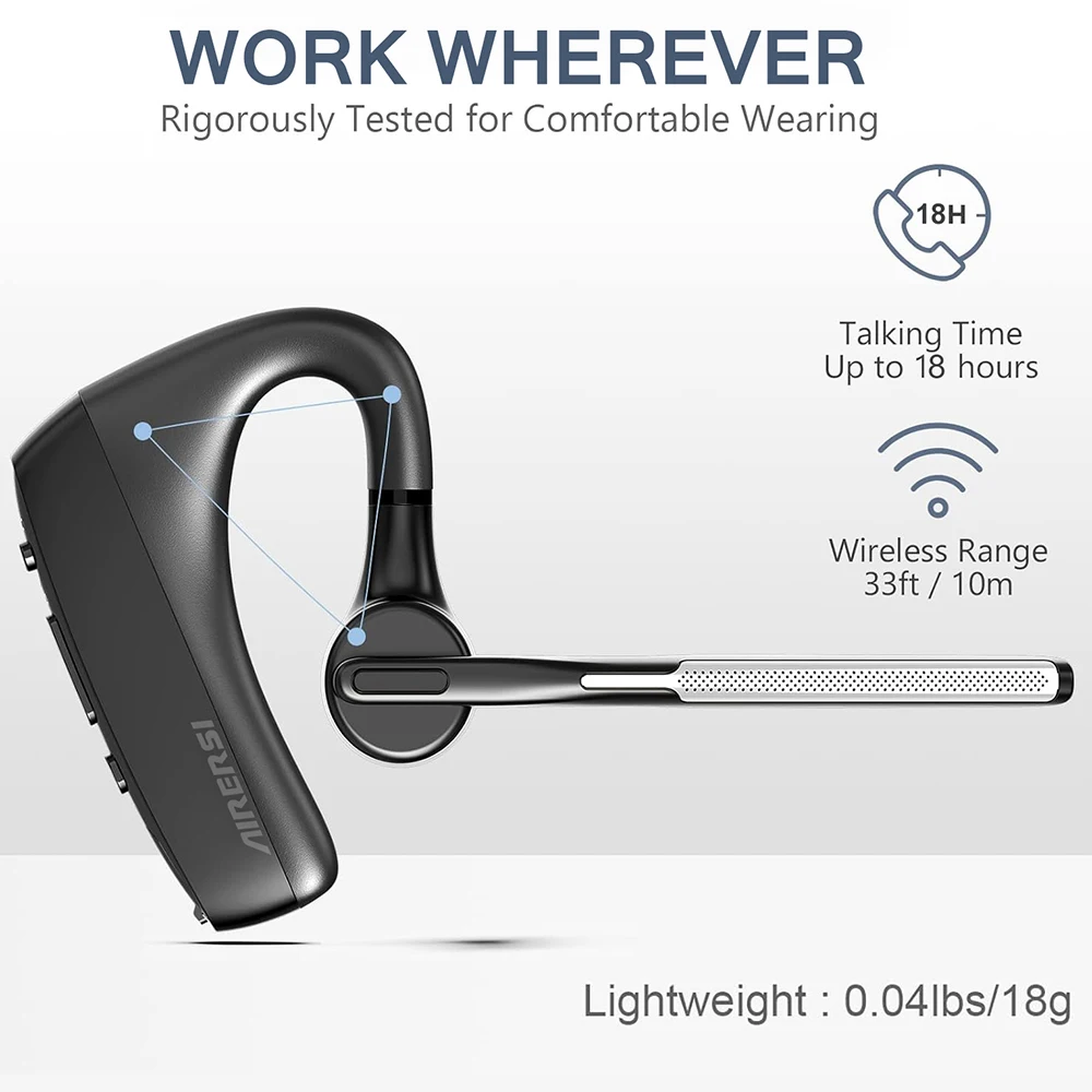 سماعات بلوتوث لاسلكية مع ميكروفون مزدوج لإلغاء الضوضاء، سماعات أذن للأعمال بدون استخدام اليدين لمكتب سائقي الشاحنات