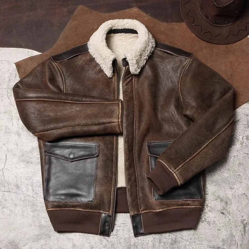 LNY SHop Top.American Vintage Bomber A2 genuine leather jacket.100% natural fur coat.Rider Winter Warm cloth.Euro size