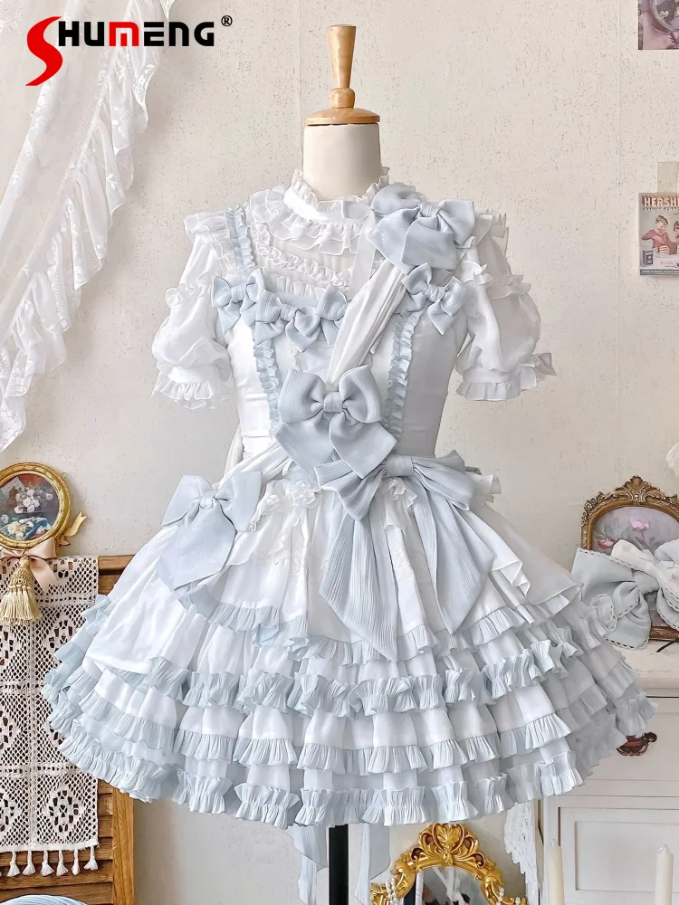 Sweet Cute Lolita Dress Suit Ruffles Collar Puff Sleeve Inner Shirt Lace-up Bow JSK Princess Short Dress Two-Piece Set for Women