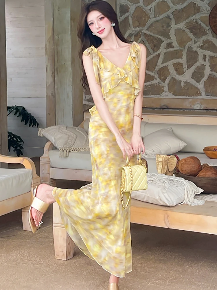 2025 nuevo vestido largo Floral elegante con volantes y cuello en V para mujer, vestido bohemio elegante informal para vacaciones, vestidos coreanos ceñidos de una pieza para verano