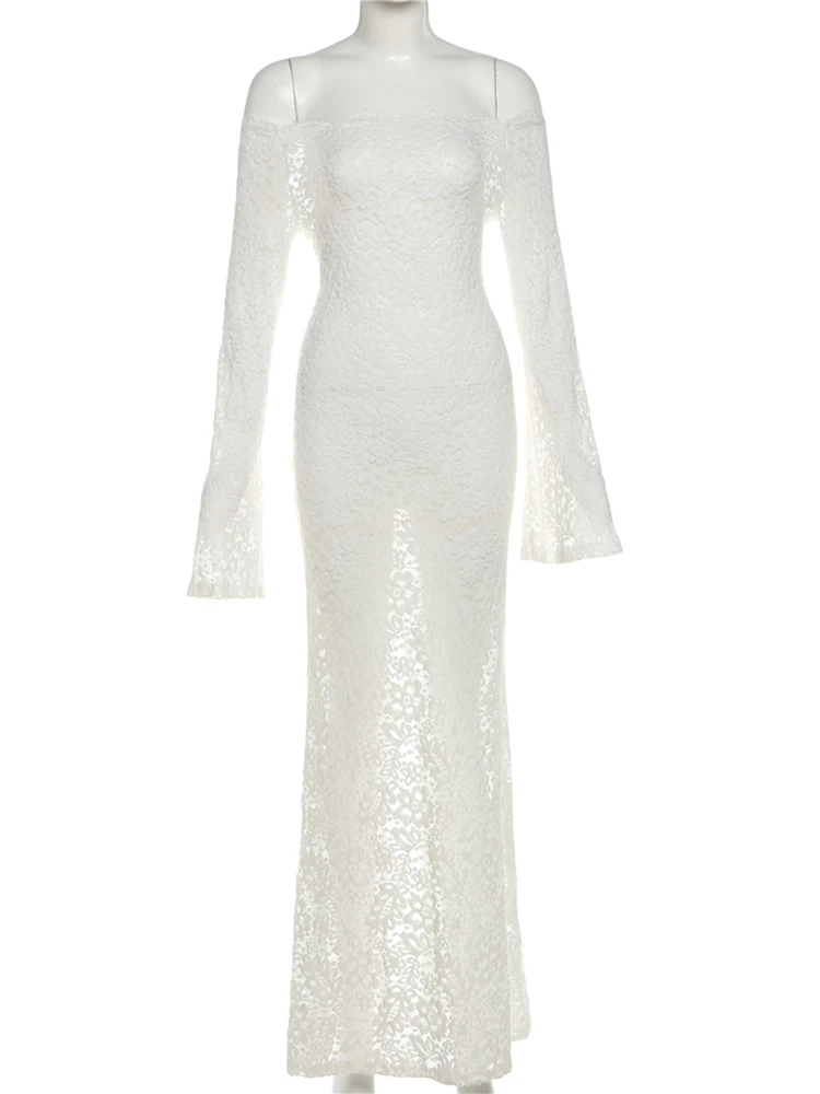 Weird Puss Sexy Jacquard Mesh Dress Women Wave Slash Neck Flare Sleeve Lace Elegant Evening Birthday Prom Party Skinny Bodycon