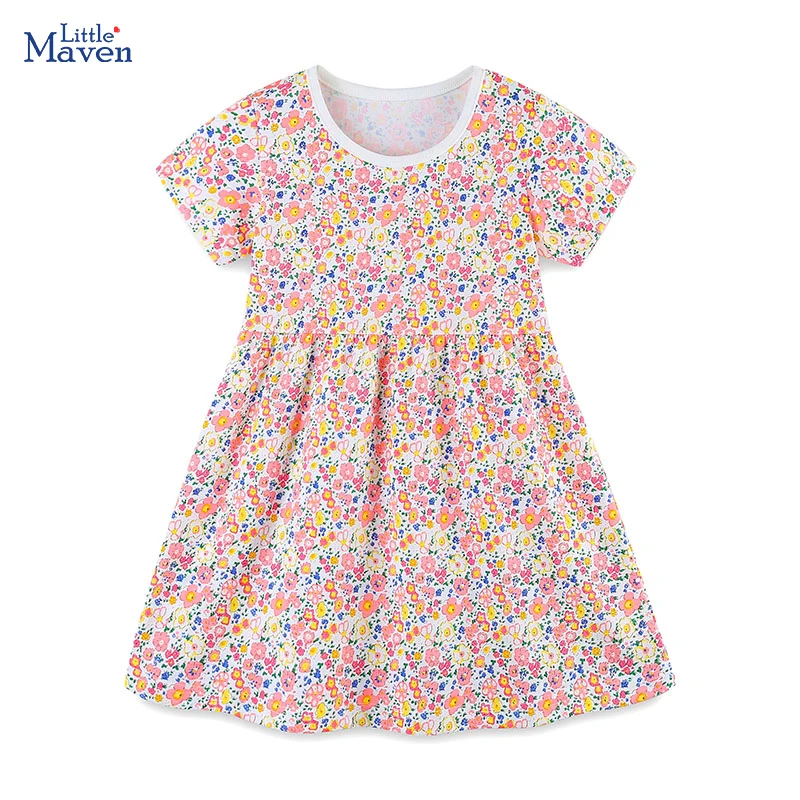 

Little maven 2024 New Summer Baby Girls Korean Children's Clothing Casual Cartoon Flowers Kids Clothes Cotton Dress