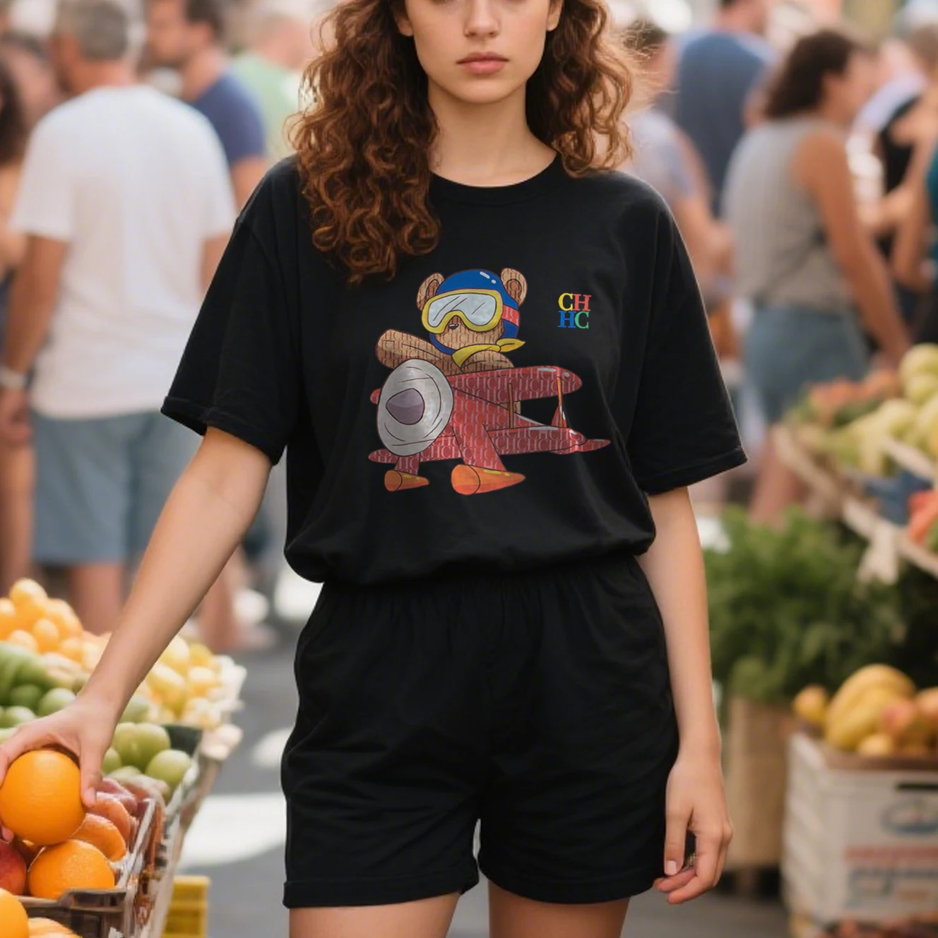 

Bear Pilot Plane Travel Tee 230g Cotton Drop Shoulder Fun Casual Unisex Luxury Top Adventure Vacation Style