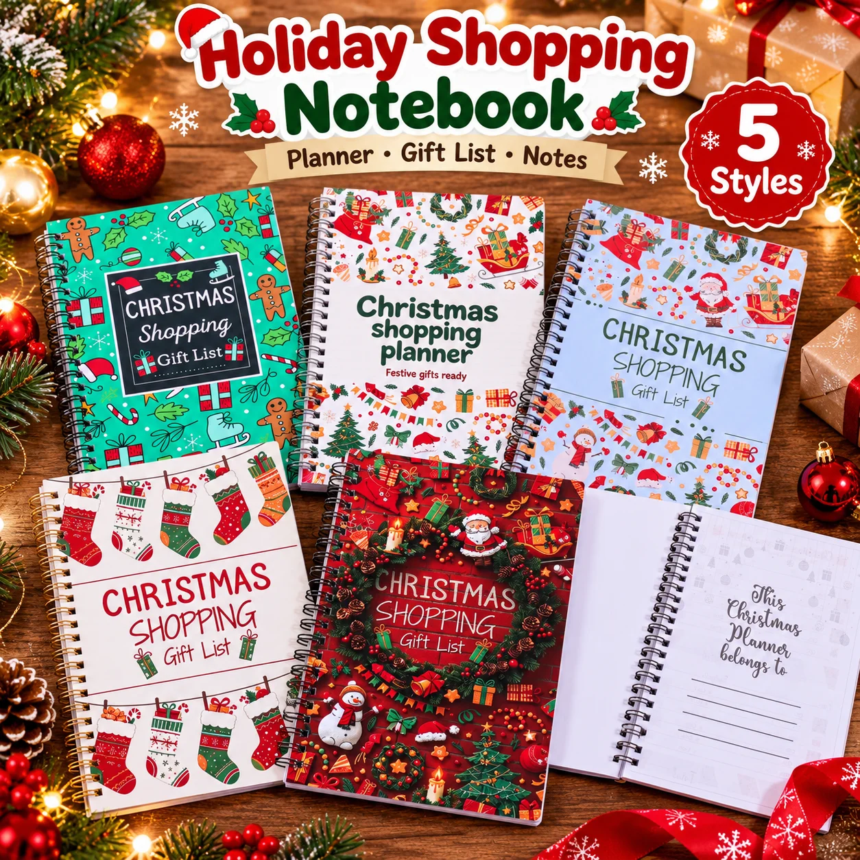 Festive Christmas Shopping Planner Notebook, Spiral Bound 5 Cute Covers 21x14cm Gift List for Xmas Holiday Organizer Stationery