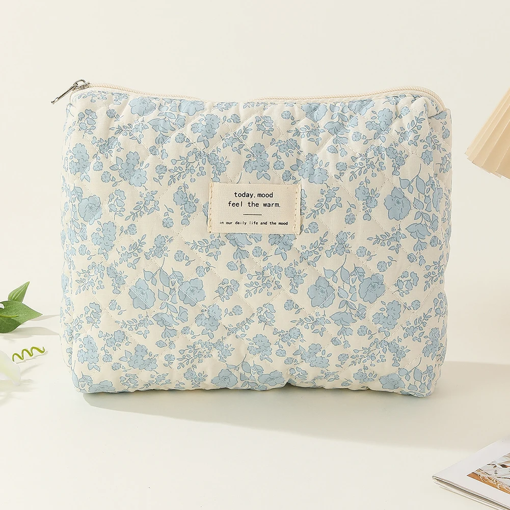 Women Floral Cosmetic Bag Printed Cotton Aesthetic Toiletry Purse Large Capacity Zipper Closure Female Travel Bag