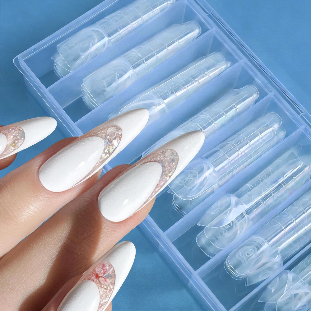 75pcs/box New Magic Caps Space French Dual Forms Fake Nails 15-Sizes Clear Acrylic Nail Mold With Scale Line Extension Nail Form