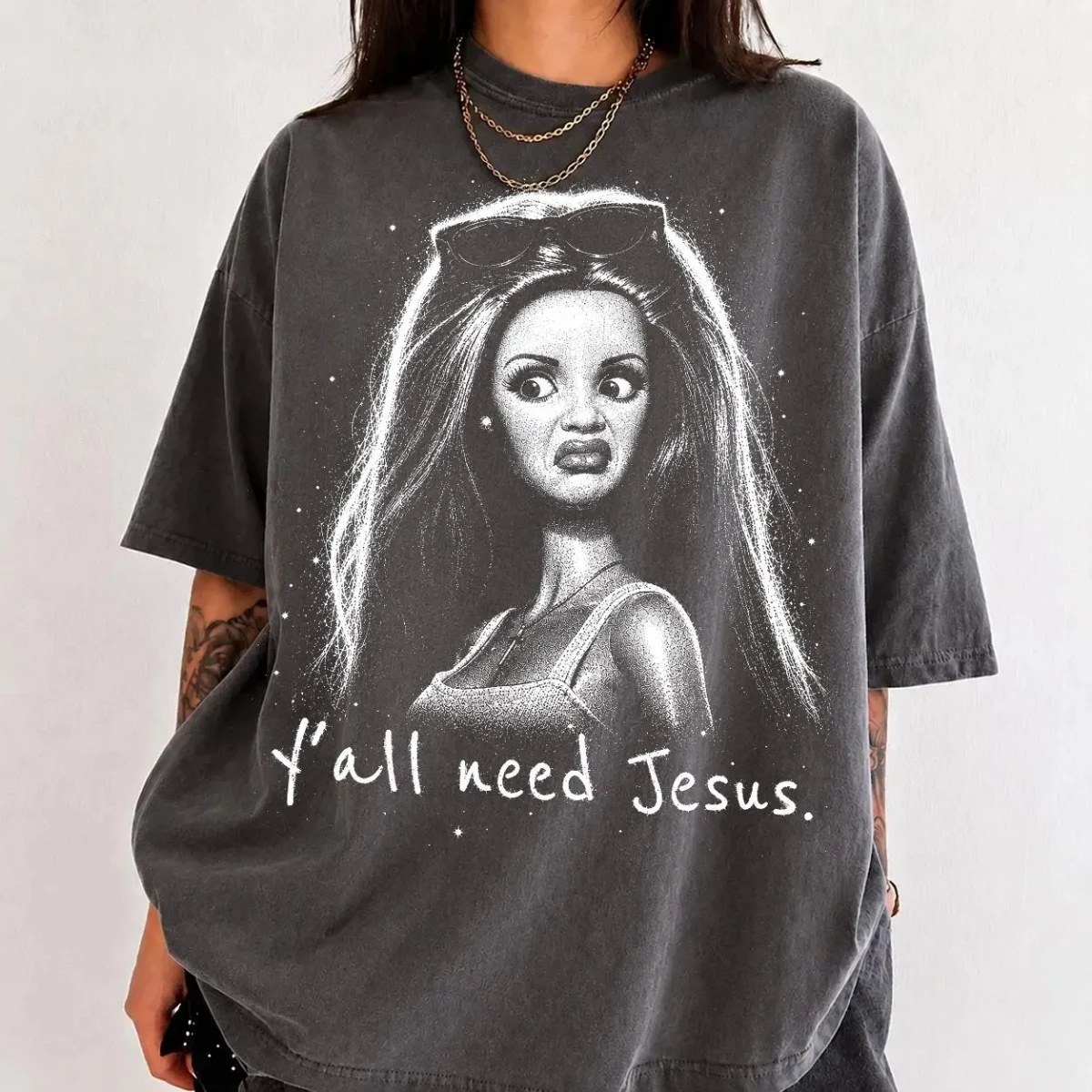 You All Need Jesus Fashion Mom, Christian Disgusting Doll, Satirical Sublimation Design | Fun | Playful Black T-shirt