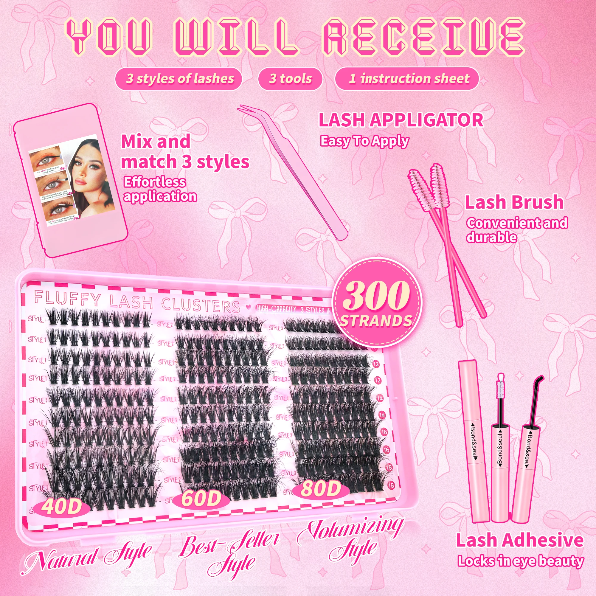 300PCS/40D60D80D Gemengde stijlen 9-16 Gemengde lengtes D opgeklopt vakantie wimpers set, geschikt voor podium, feest, festival enzovoort.