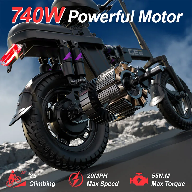 Tomofree Folding Electric Bike for Adults 740W Peak Motor 14" x 2.125" Fat Tire 48V 15Ah Removable Battery 20MPH 35Miles Range F