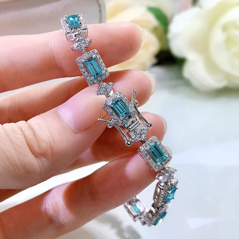 Luxury Silver Color Palaiba Bracelet for Women Girls 17cm Long Popular Emerald Tourmaline Bracelet Wedding Party Jewelry Gift