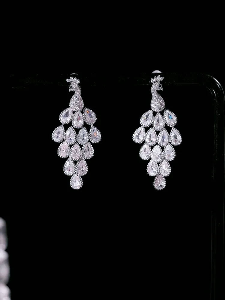New Fashion Shiny Zirconia Peacock Drop Long Hanging Earrings for Women Charm Holiday Beach Earrings Wedding Party Jewelry Gifts