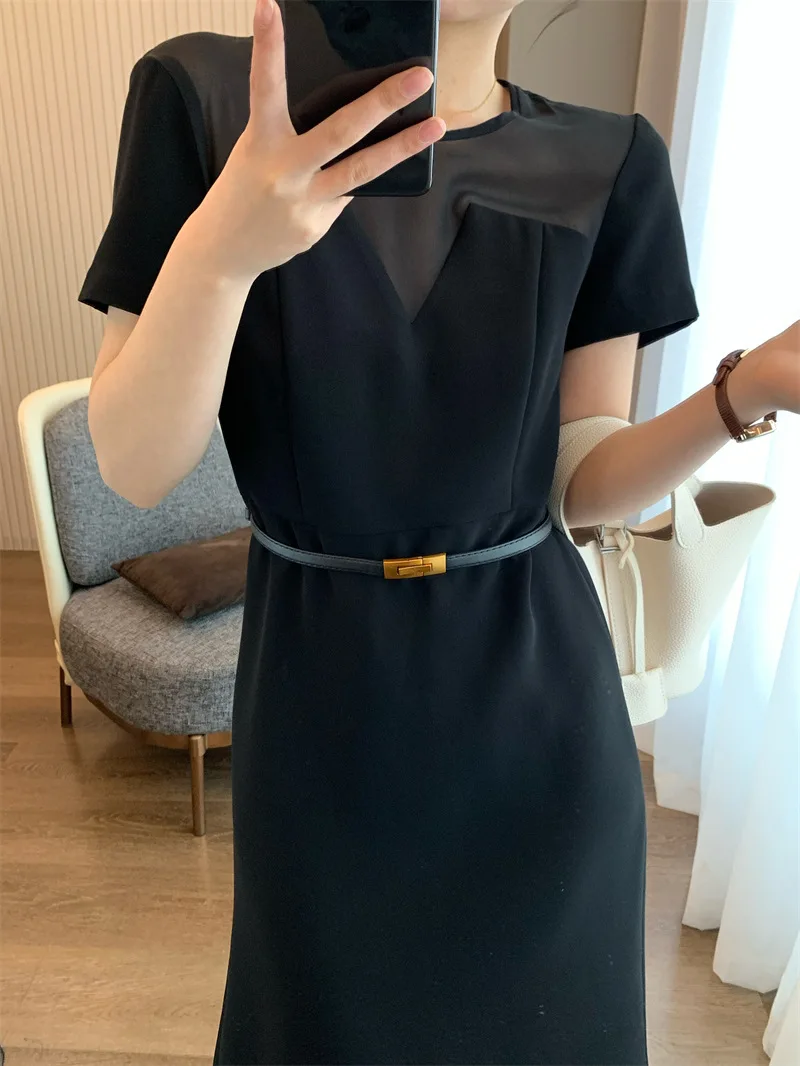 M New Luxury High-end Elegant Black Silk Dress High Waist Temperament Slim Short Sleeve Dress Female with Sashes Long Dress