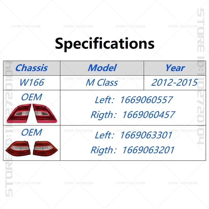 for 2012-2015 W166 Mercedes Benz ML/GLE 250 300 320 350 400 550 Tail Light Rear Lamp 1669060557 1669060457 1669063301 1669063201