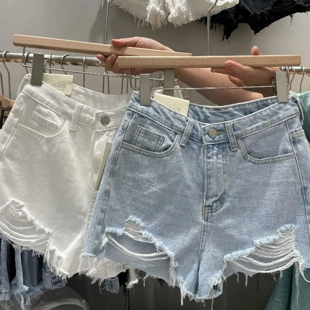 Women Denim Shorts Ripped Hole Plus Size Button Zipper Closure Slim Fit A-line Short Jeans Lady Dating Beach Shorts 데님 팬츠