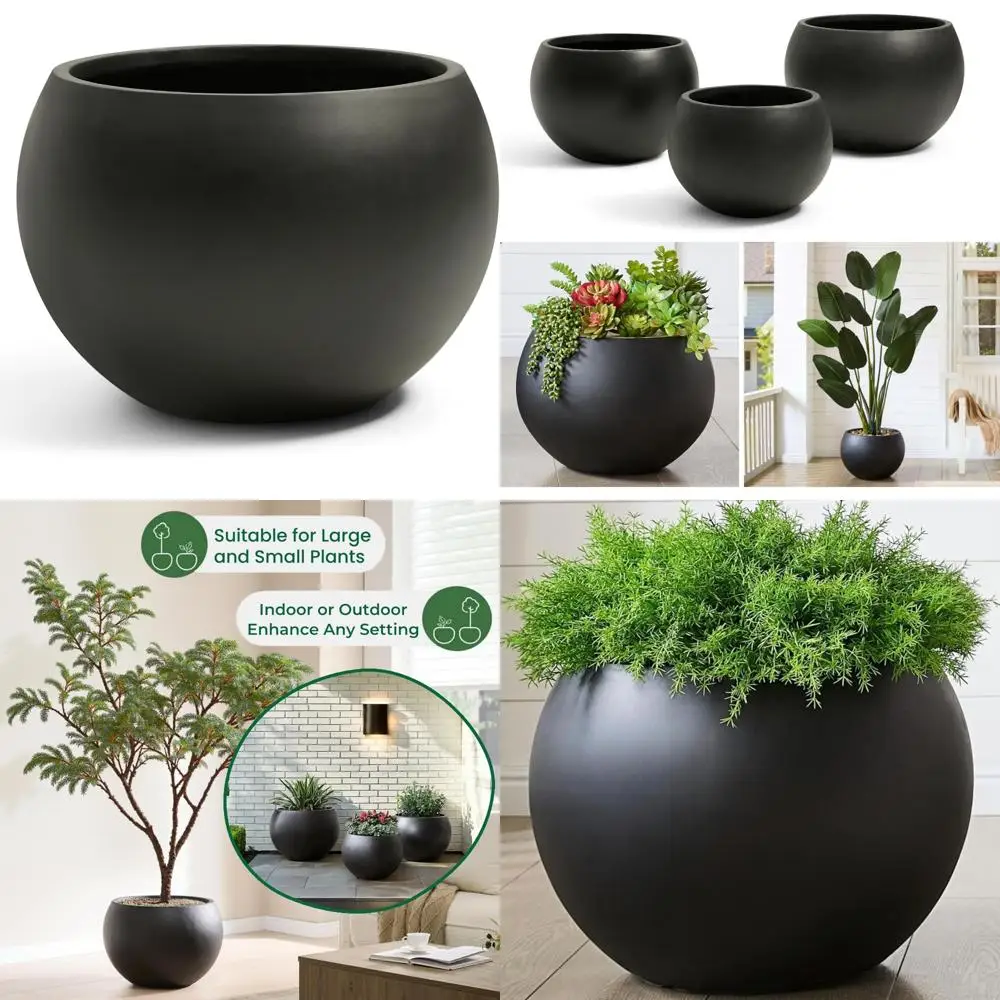 زارع كروي أسود كبير مع تصريف، 16.6 فتحة × 14.8 ارتفاع، أصيص زهور خارجي مقاوم للطقس #1