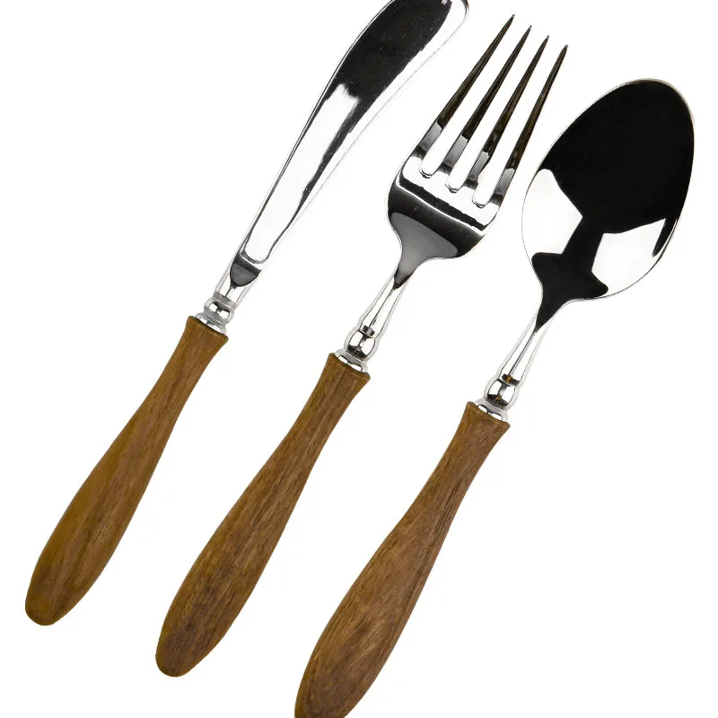 4/12/16/24Pcs Wooden Handle Luxury Dining Table Knife Spoon and Fork Stainless Steel Cutlery Silverware Set Tableware Flatware