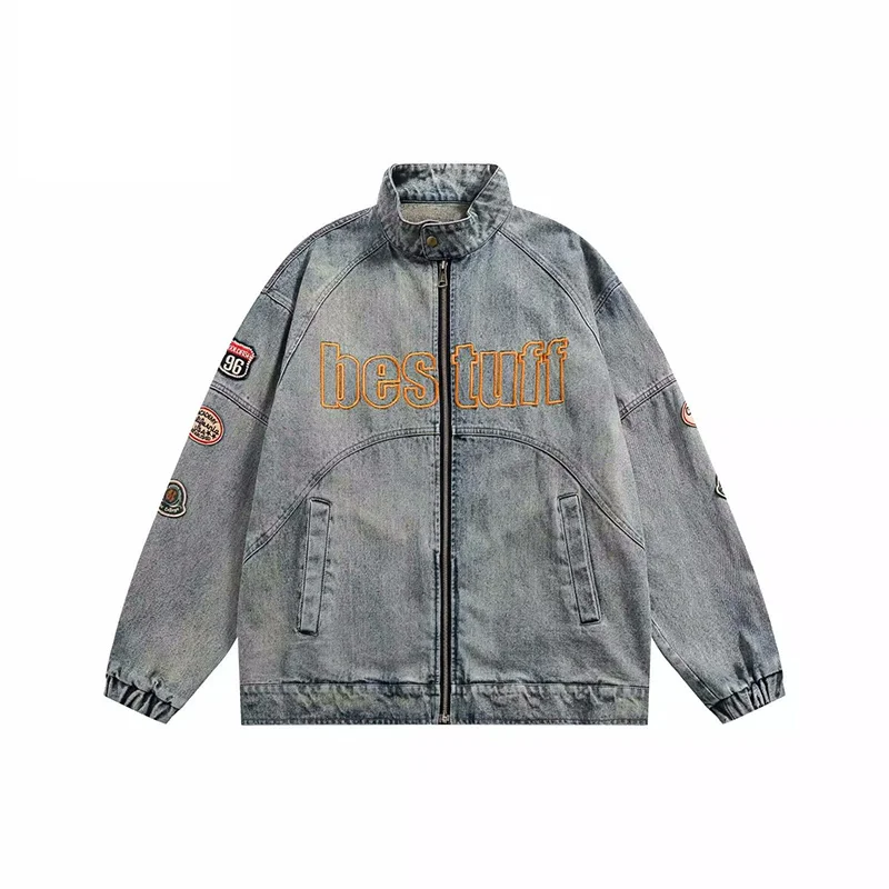 

American Retro Motorcycle Denim Jacket Men Women 2023 Spring Autumn Trend Embroidery Heavy Workwear Loose Fitting Coat