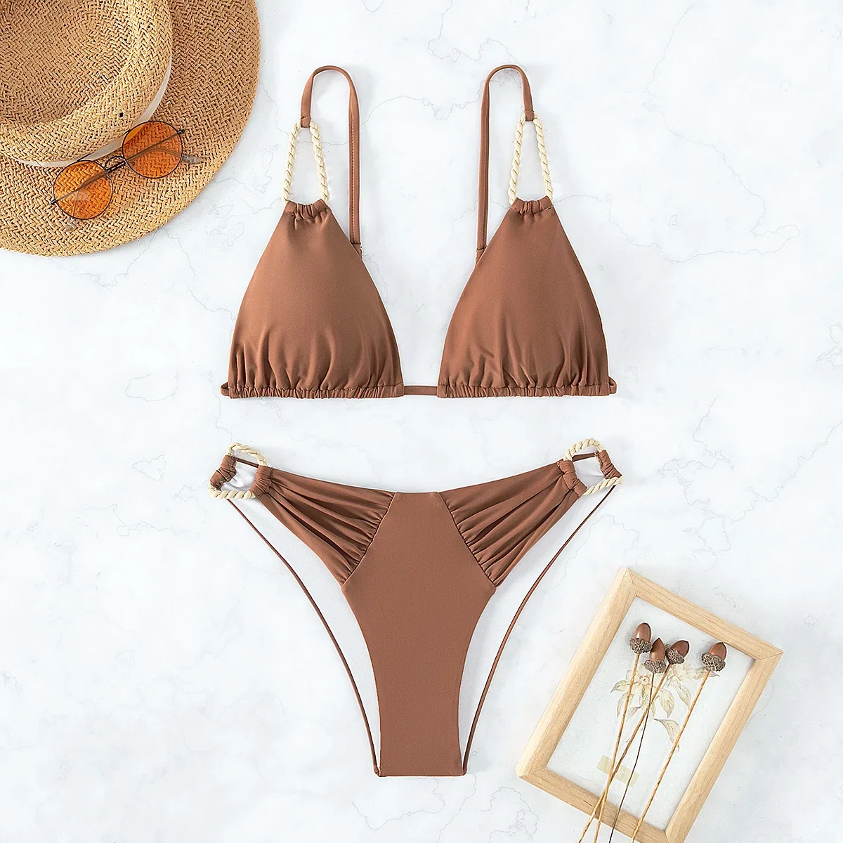 2025 Halter Brown Two Piece Thong Bikini Swimsuit Women Sexy Swimwear Female Bather Weave Bathing Swimming Swim Suit Beachwear