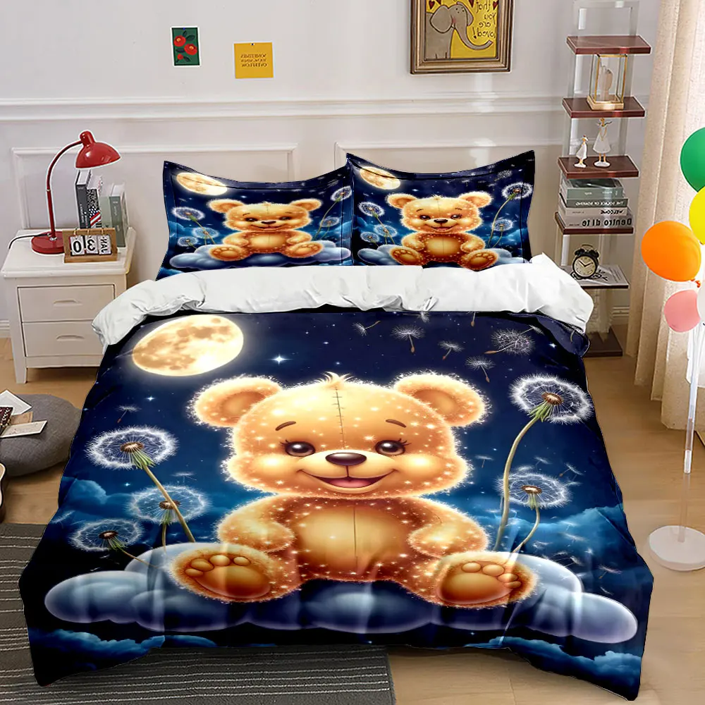 Glowing bear on cloud with moon and dandelions Print Bedding Set 1 Duvet Cover 2 Pillowcases for Adult and Children Luxury Gift