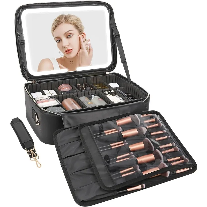 

Relavel Makeup Bag with LED Mirror, 16.2 inches Large Makeup Case Travel Portable Cosmetic Organizer Vanity Case for Women