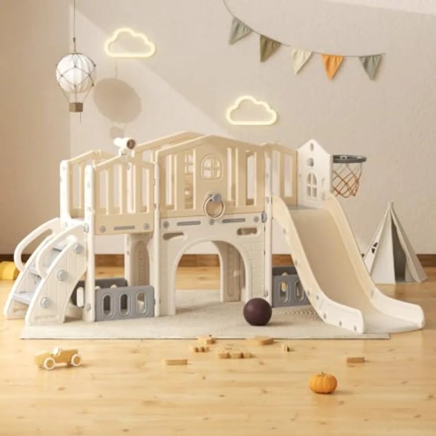 

Игровой комплекс 9 в 1 для малышей от 1 до 3 лет, бежевый, для дома и улицы, с баскетбольным кольцом и горкой-лазалкой