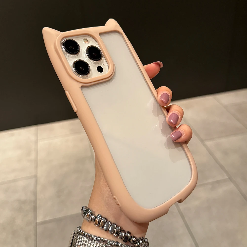 Transparent Cat Ear pattern silicone phone case for iPhone 16 15 14 13 12 11 Pro Max full camera shockproof hard back cover