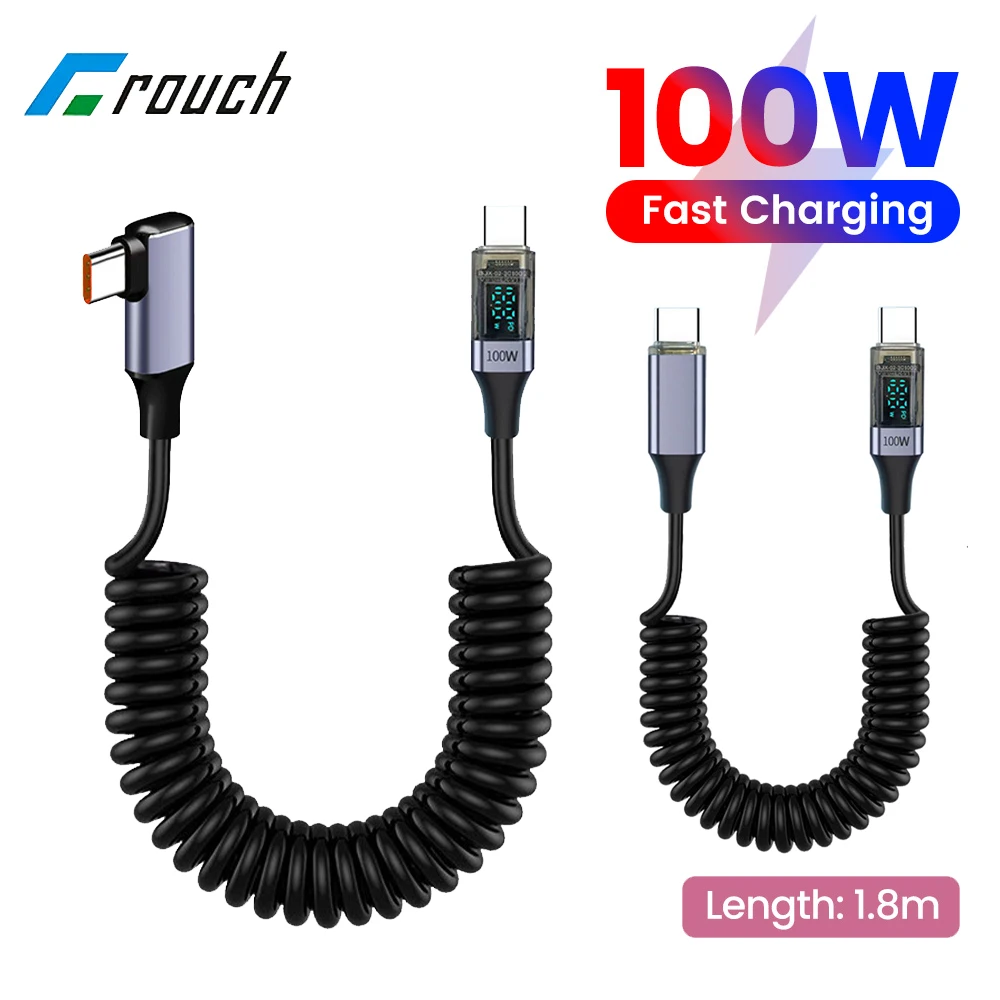 PD100W Spring Data Cable Straight/Elbow Type C Fast Charging Cable For iphone 15 Samsung Xiaomi LED Digital Display USB C Cable