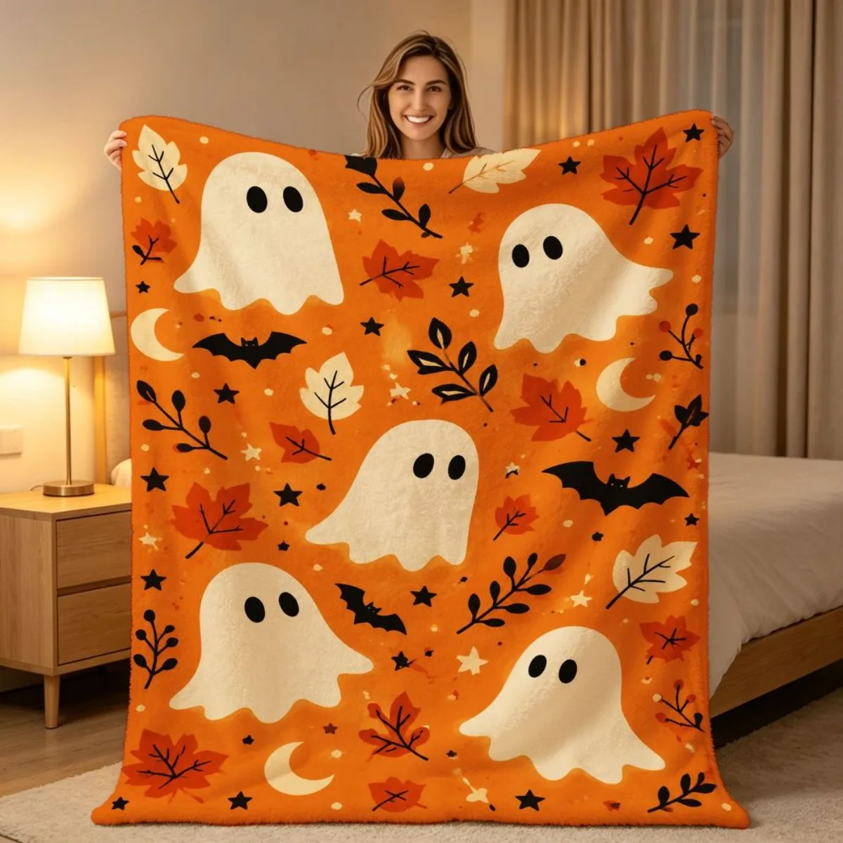 1 Printed Design Retro Minimalist Single-Sided Printed Flannel Throw Blanket, Soft Warm Pumpkin Ghost Bat Pattern, Multi-Size Cozy Blanket for Sofa Living Room Bedroom Nap, Halloween Home Decor Gift for Festive Atmosphere