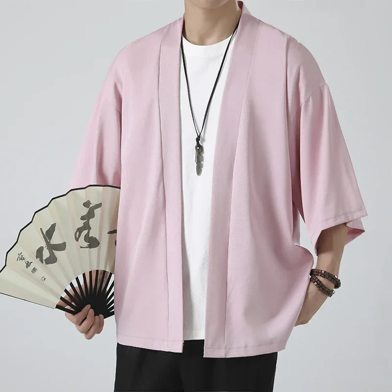 Japanese Kimono Shirts Men\'s Cardigan Fashion Harajuku Summer Streetwear Silk Dragon Embroidery Casual Outer Clothes