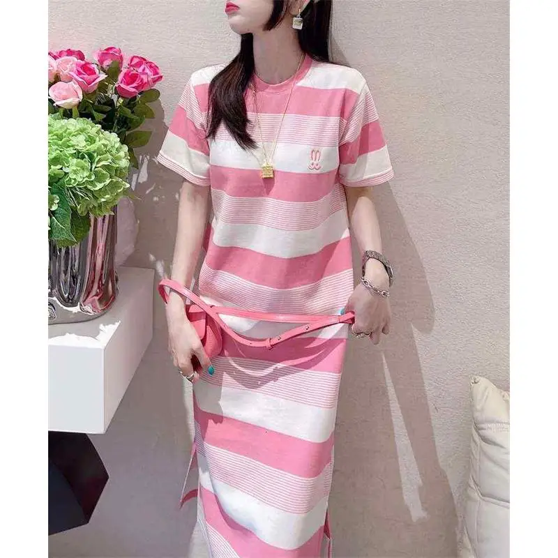 T-shirt d'été à rayures pour femmes, taille ample, mélange de coton et de lin doux, robe trapèze mi-longue pour 8 à 24 ans