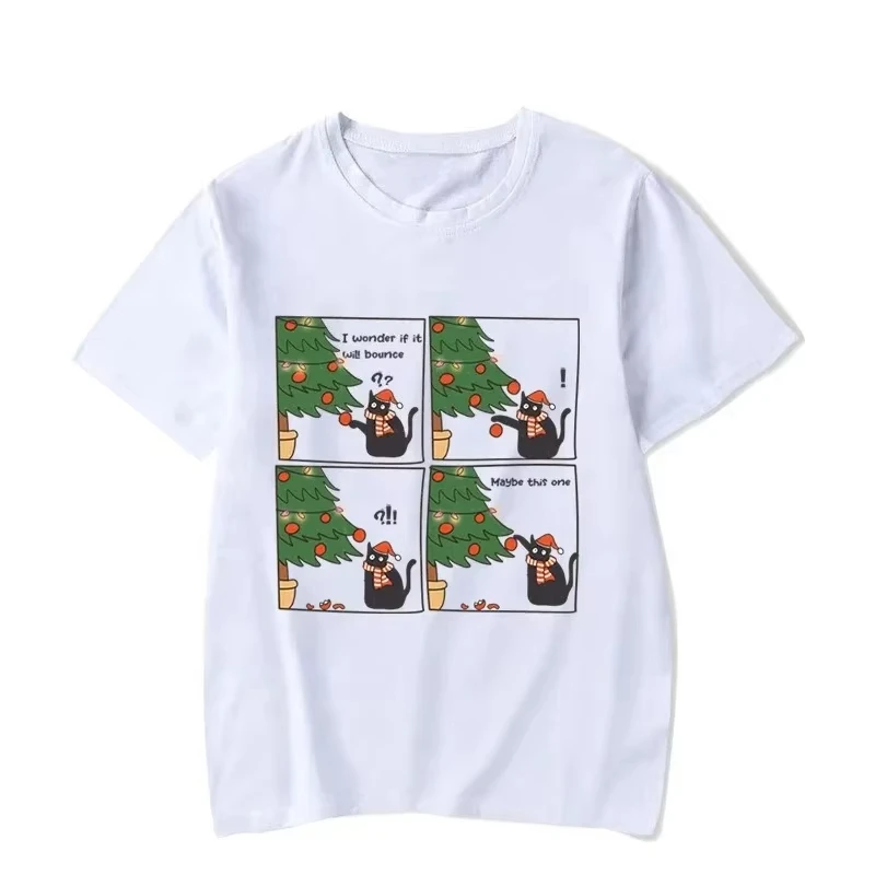 

New Men's Short-Sleeve T-shirt Christmas Tree Men's T-shirt Clothes Happy New Year Male Christmas Cat Graphic T Shirt Y2k