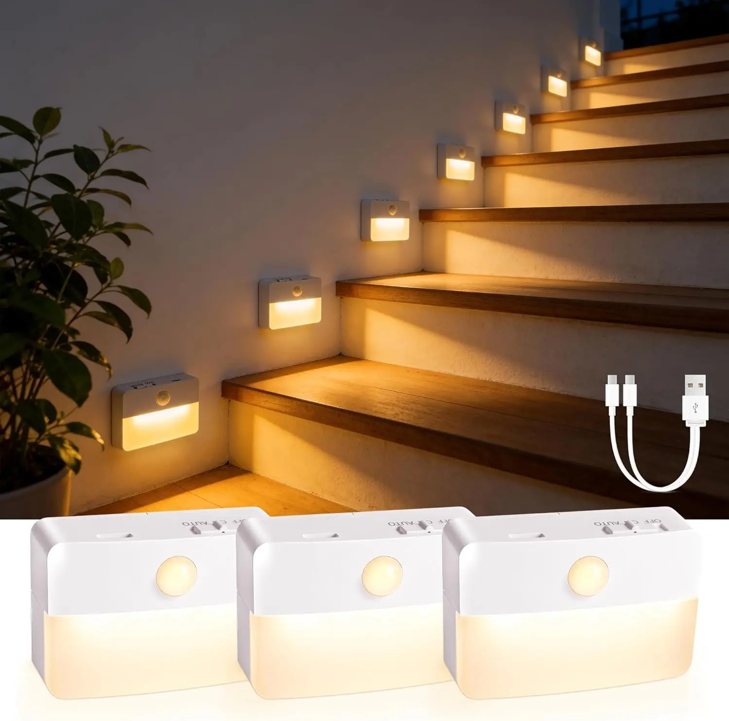 

3 Pack Rechargeable Motion Sensor Stair Lights for Indoor, Wireless Battery Operated Night Light, Magnetic Led Stick