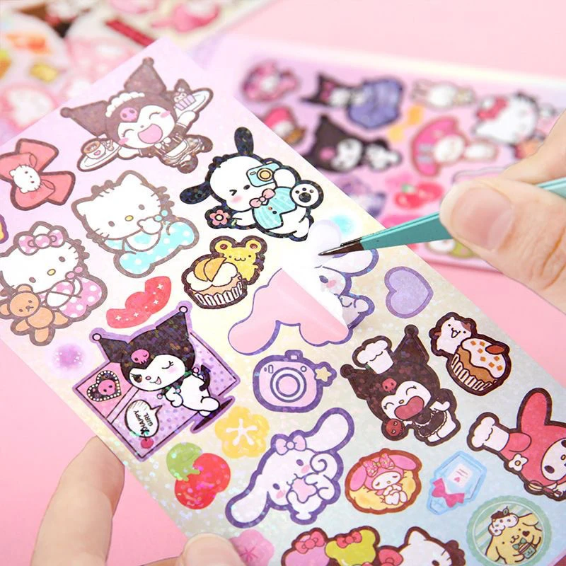 DIY dekorasi anak-anak mainan stiker kartun Hello Kitty Cinnamoroll Kuromi My Melody Laser stiker alat tulis